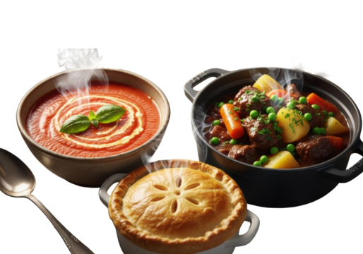 Steaming tomato soup, beef stew, and chicken pot pie, artfully arranged on distressed wood with bokeh background, text 'Soups, Stews & Savory Pies', inviting rustic culinary comfort.
