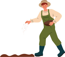 Farmer sowing seeds, planting in the field during harvest season