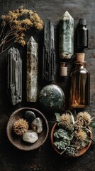 Crystals, herbs, and oils on dark wood