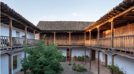 A historic colonial building with wooden and stone materials features a three-tiered courtyard, lush greenery,