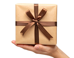hand holding gift box isolated on white