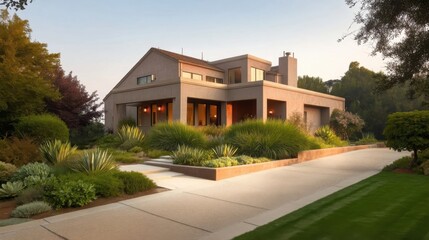 Fototapeta premium Modern two-story house at dusk with warm interior lighting, clean architecture, large windows, flat roof,