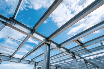Steel beams of a building under construction against a partly cloudy sky