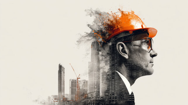 Construction worker wearing orange hard hat stands profile, with city skyline and construction elements artistically blended into background. image conveys determination and innovation urban