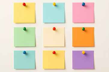 A grid of nine colorful blank sticky notes pinned to a wall