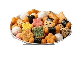 Elegant ceramic bowl of diverse Japanese arare rice crackers, soft studio lighting, seamless transparent background, macro shot, shallow depth of field, concept for food advertising