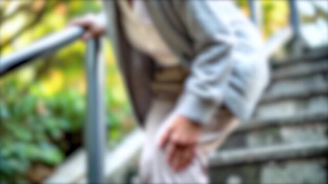 ぼかし背景素材: 膝をさすりながらゆっくりと慎重に階段を降りる高齢者  膝の痛みとシニアライフ