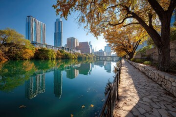 Autumnal city park reflecting cityscape