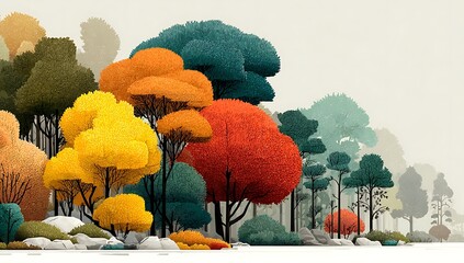 Colorful autumn forest with stylized trees and rocks fall nature