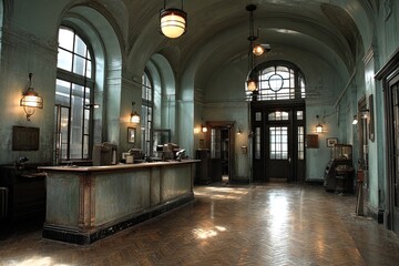 Fototapeta premium Old-style bank interior, light teal walls