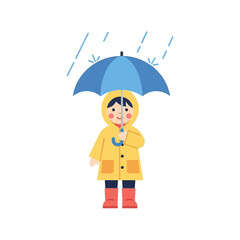 Child in Yellow Raincoat with Blue Umbrella