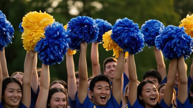 Enthusiastic group celebrating together raising pom poms school spirit cheering team support