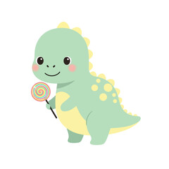 Obraz premium Cute cartoon dinosaur holding a colorful lollipop. Adorable prehistoric animal character
