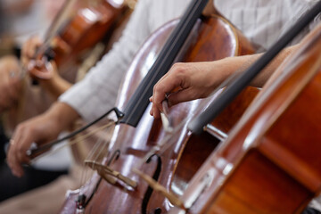 Hand of a musician playing the cello in an orchestra