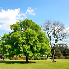 Fototapeta premium Lush Green Tree in Summer Contrasted with Barren Winter Tree