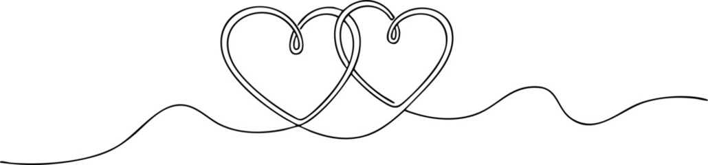 Continuous line drawing of two intertwined hearts, symbolizing love, connection, and unity on a white background.