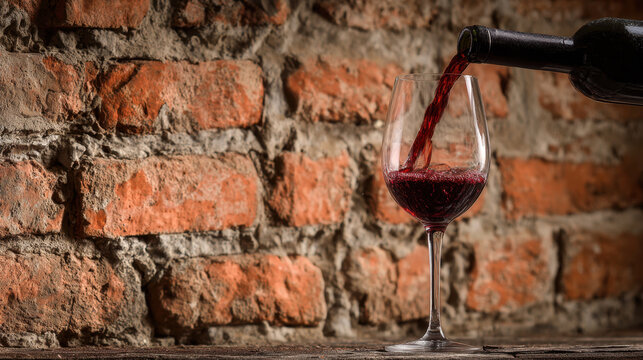 Rich red wine is being poured into glass against rustic brick wall, creating warm and inviting atmosphere. deep color of wine contrasts beautifully with textured background, evoking sense