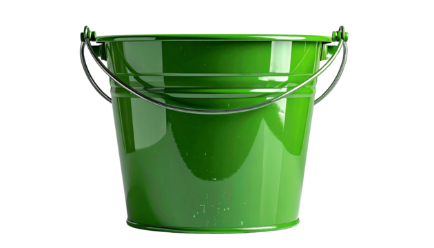 A vibrant green bucket standing against a minimalistic white backdrop.  PNG Transparent Background