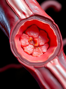 An of a cross section showing atherosclerosis and atheromatous plaque in an artery