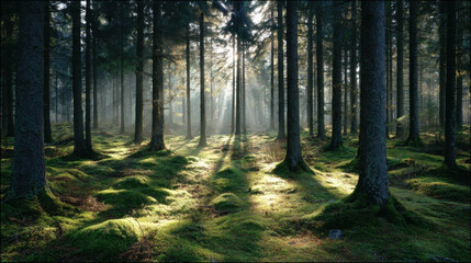 Naklejka premium Serene forest scene with tall trees, sunlight filtering through branches, and lush green moss covered ground. atmosphere is tranquil and inviting, perfect for nature lovers