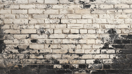 Weathered brick wall featuring mix of white and black paint, showcasing rustic and industrial aesthetic. texture and peeling paint add character and depth to surface