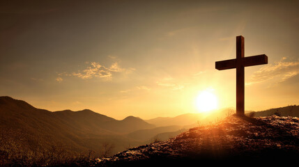 Serene sunset illuminates wooden cross on hilltop, surrounded by majestic mountains. warm glow of sun creates peaceful atmosphere, evoking feelings of hope and reflection