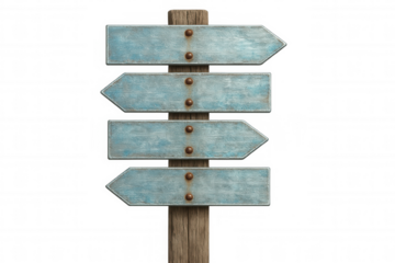 Weathered light blue wooden directional signs pointing outward, positioned against transparent backdrop, presenting customizable navigation guidance with rustic design