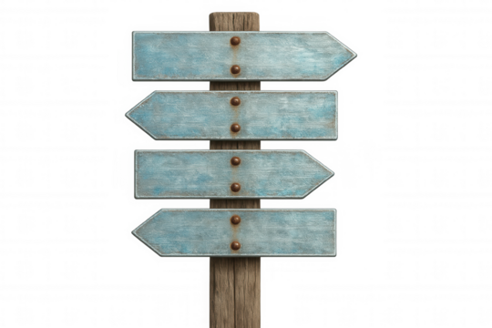 Weathered light blue wooden directional signs pointing outward, positioned against transparent backdrop, presenting customizable navigation guidance with rustic design