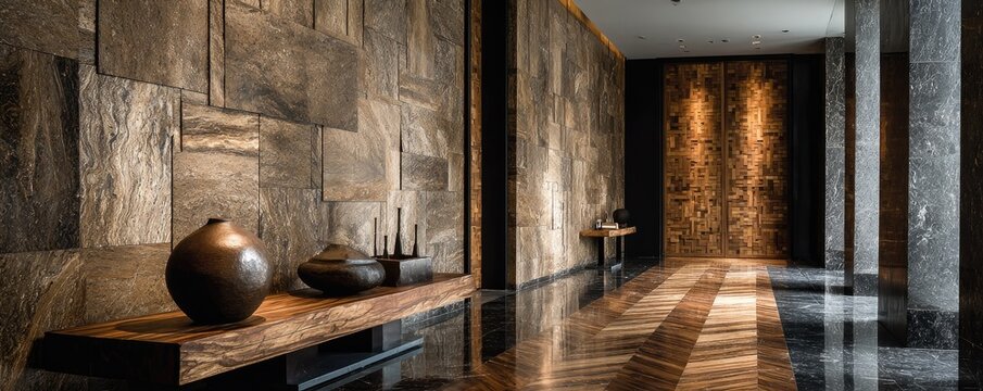 Modern lobby with stone wall and dark wood accents