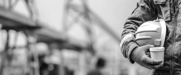 Close-up of a person in protective gear holding a hard hat and coffee cup