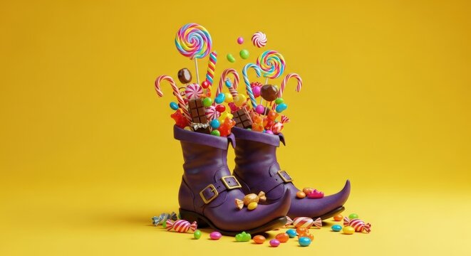 Whimsical witch boots overflowing with colorful Halloween candy on bright yellow backdrop