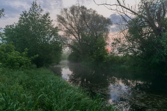 Perfect spring scene and morning meadow near the river with alone tree on the shore. Location place river Seret, Ukraine, Europe. Photo wallpaper. Environmental concept. Discover the beauty of earth.