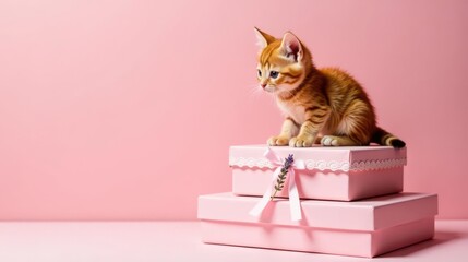 Adorable Ginger Kitten Posing Gracefully Atop Delicate Pink Gift Boxes Against a Soft Pink Background