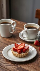 Delicious strawberry tart dessert with coffee, cafe style breakfast food photography image