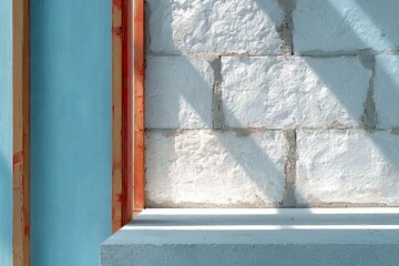 Unfinished wall with window frame, light & shadow