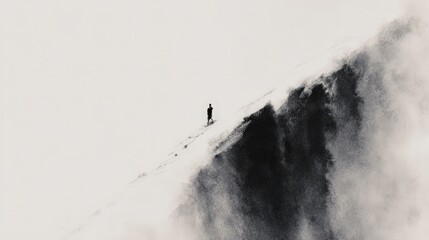 Small Figure Ascends a Towering Mountain in Minimalist Ink Wash Style