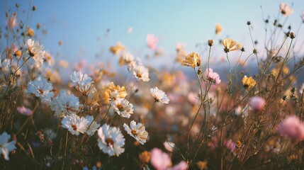 Spring Meadow Filled With Wildflowers Swaying in Gentle Breeze