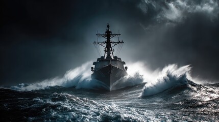 Dark warship battles stormy sea