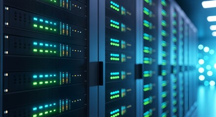 Modern data center with rows of servers illuminated by blue and green lights, showcasing advanced technology and infrastructure