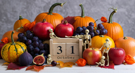 Halloween still life with pumpkins, fruits, skeletons and calendar showing october 31