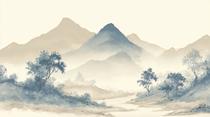 Tranquil Landscape in Soft Ink Painting Style With Misty Mountains