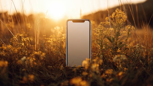 Smartphone in a field at sunset