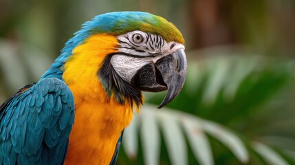 Obraz premium Colorful Macaw Perched with Lush Green Background in Nature Scene