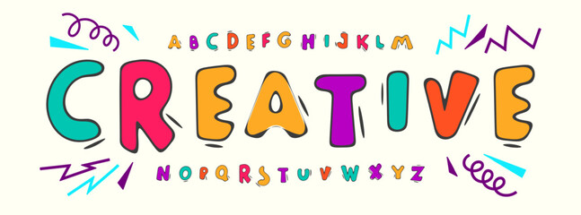 Playful cartoon alphabet, art funky letters, colorful creative kids font for party logo, school sign headline, cheerful typographic design, modern creativity childish typography. Vector typeset.