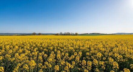 Obraz premium Vibrant yellow canola field under clear blue sky conveys springtime freshness and agricultural abundance