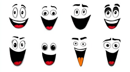Collection of playful cartoon facial expressions featuring various emotions such as happiness, surprise, and excitement, showcasing vibrant colors and exaggerated features for creative design applicat
