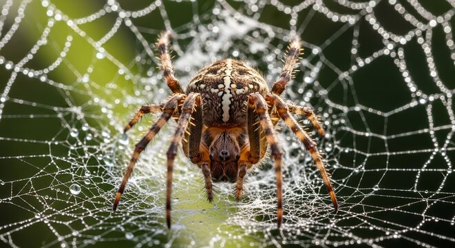 Dramatic garden spider on dew-kissed web glistens in morning light, nature's intricate design revealed