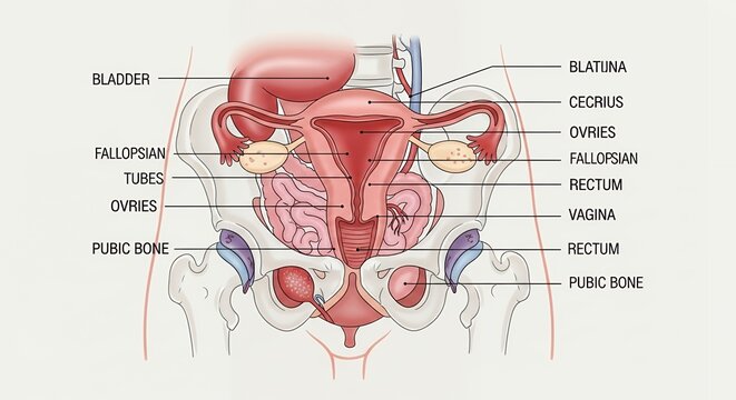 Detailed diagram showcasing the female reproductive system for educational purposes, medical training, and health awareness