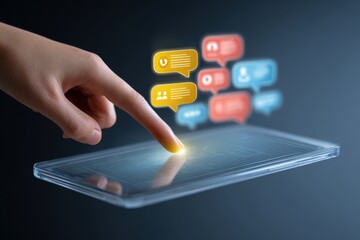 Hand interacting with a digital tablet displaying communication icons