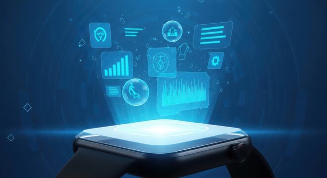 Futuristic smartwatch displaying glowing blue holographic interface with charts and graphs, representing technology and data - Powered by Adobe